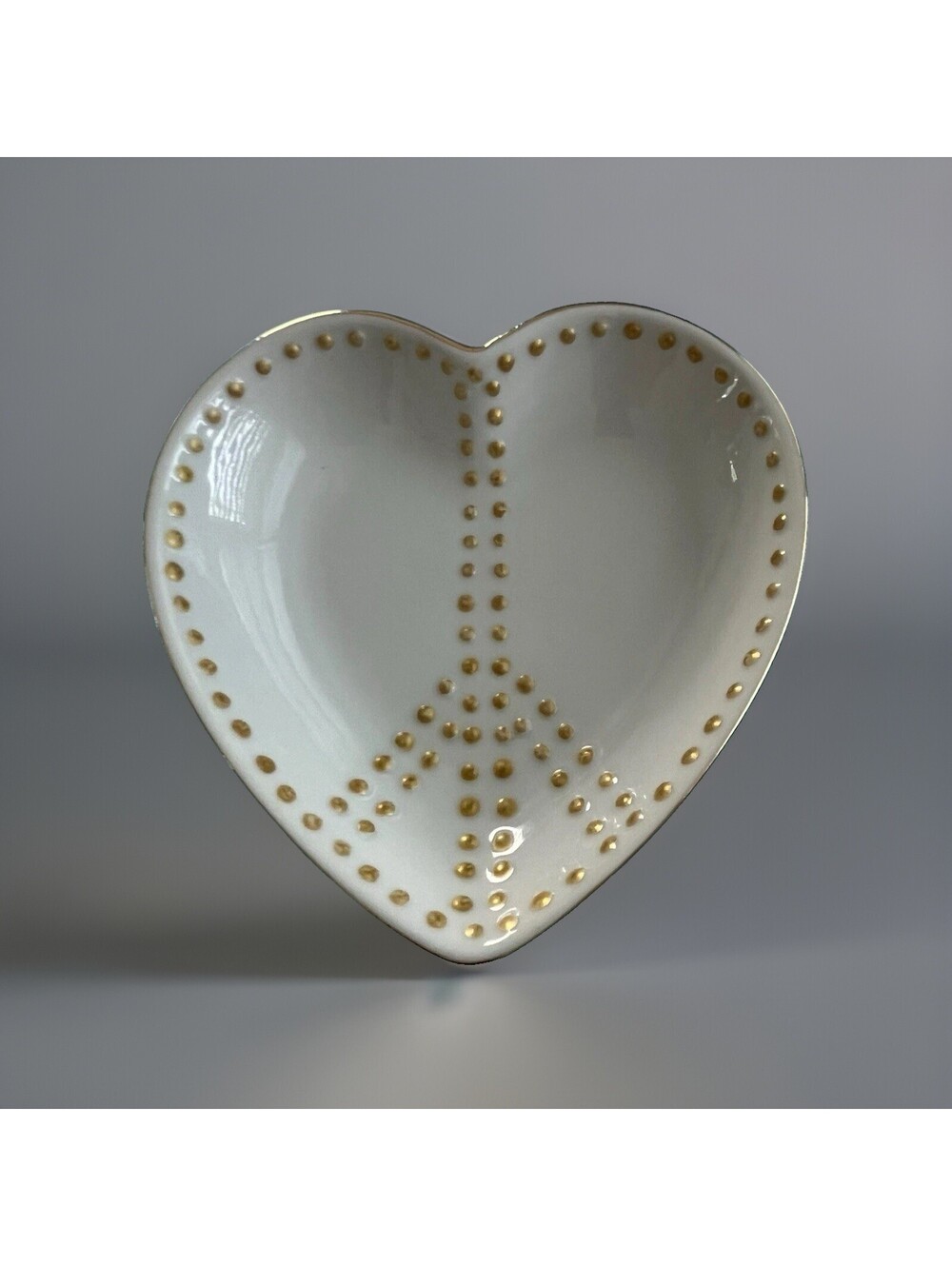 Pottery Barn Peace Heart Jewelry Trinket Dish 5” Princess Love Gold White Cute
